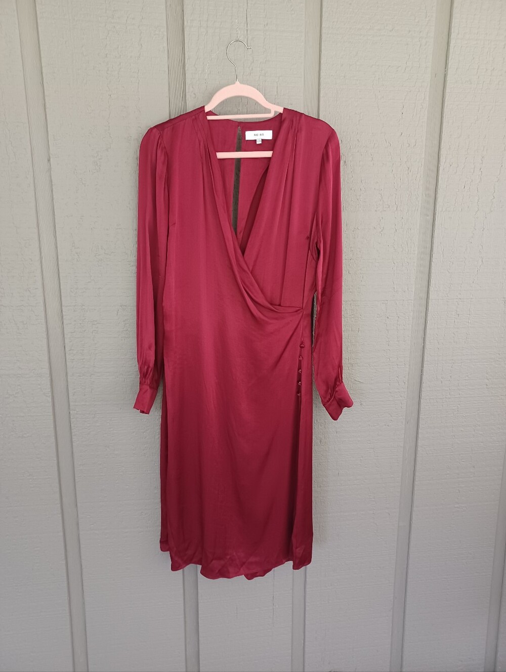 Reiss Renae Satin Faux Wrap Dress Size 8 Long Sleeve Cocktail Wedding Guest